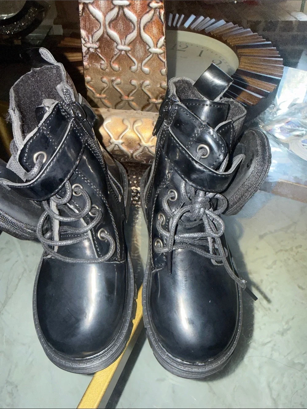 Kids Black Lace-Up Combat Boots with Side Zipper